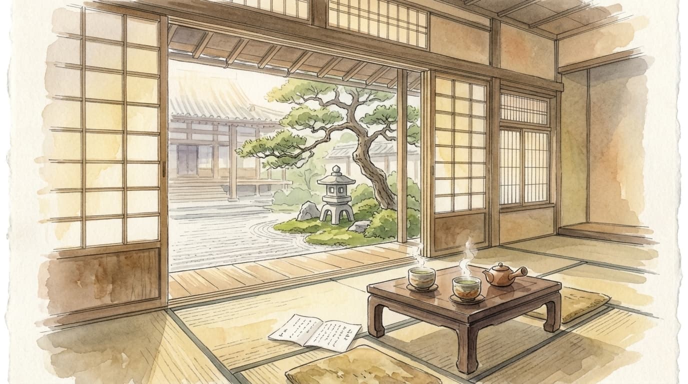 縁側から望む庭と茶