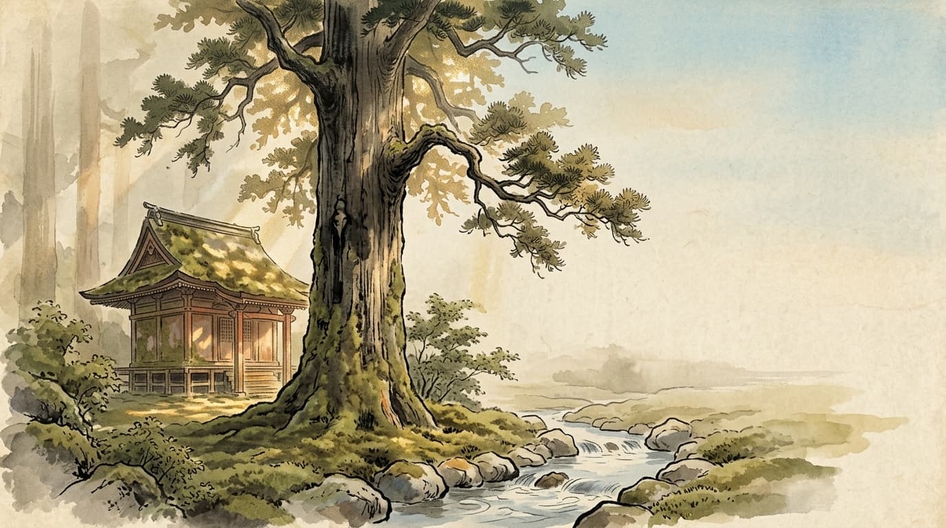 杉の大樹と苔むす御堂