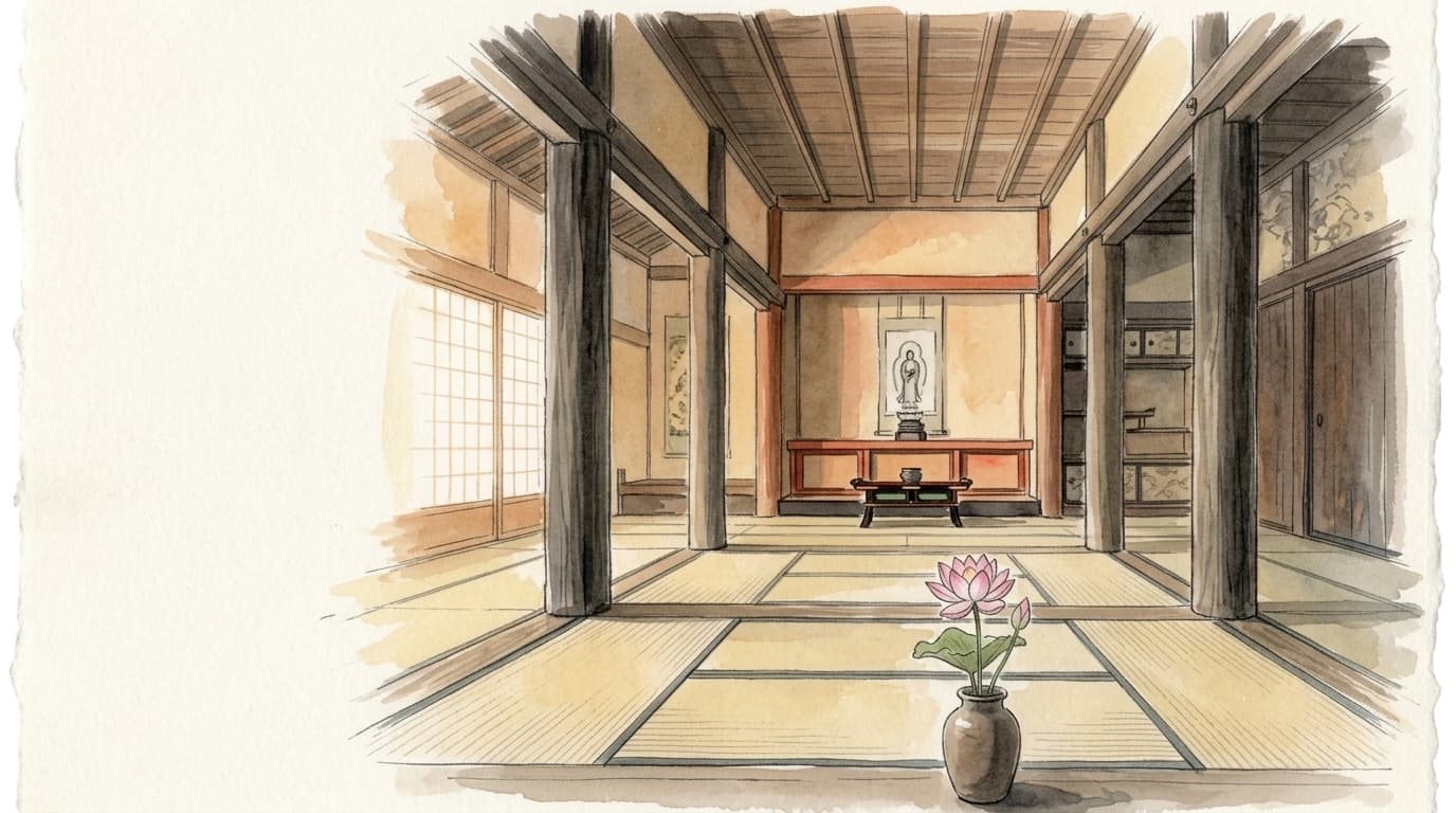 寺院本堂の内観と蓮