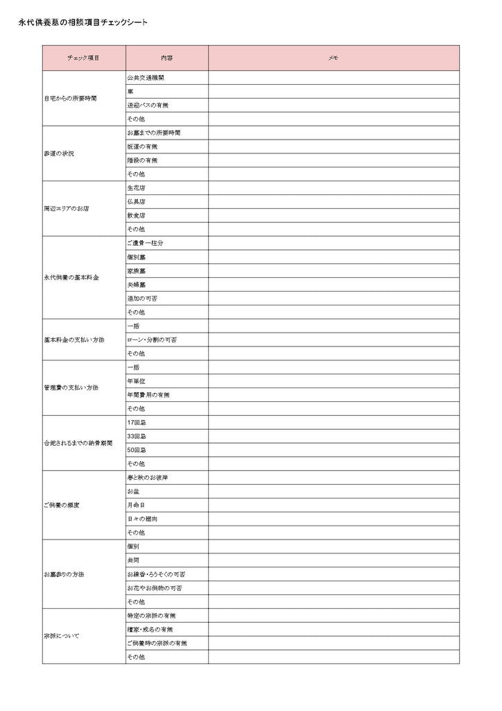 永代供養墓の相談項目チェックシート